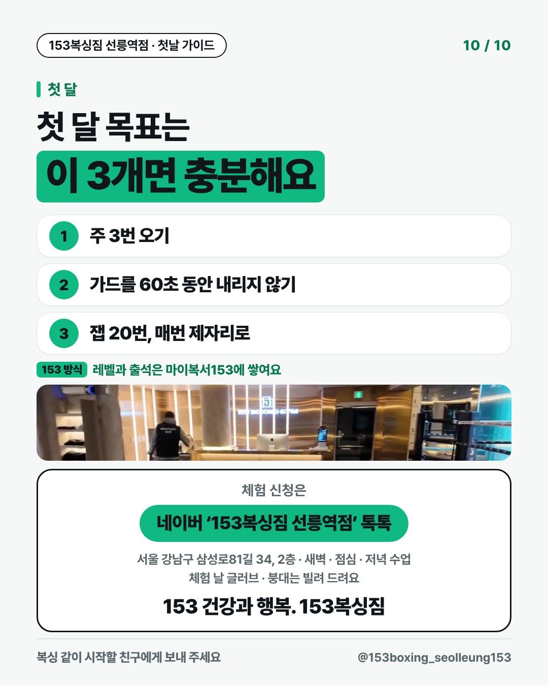 첫 달 첫 달 목표는 이 3개면 충분해요 1. 주 3번 오기 2. 가드를 60초 동안 내리지 않기 3. 잽 20번, 매번 제자리로 153 방식 · 레벨과 출석은 마이복서153에 쌓여요 체험 신청은 네이버 ‘153복싱짐 선릉역점’ 톡톡 서울 강남구 삼성로81길 34, 2층 · 새벽 · 점심 · 저녁 수업 체험 날 글러브 · 붕대는 빌려 드려요 153 건강과 행복. 153복싱짐