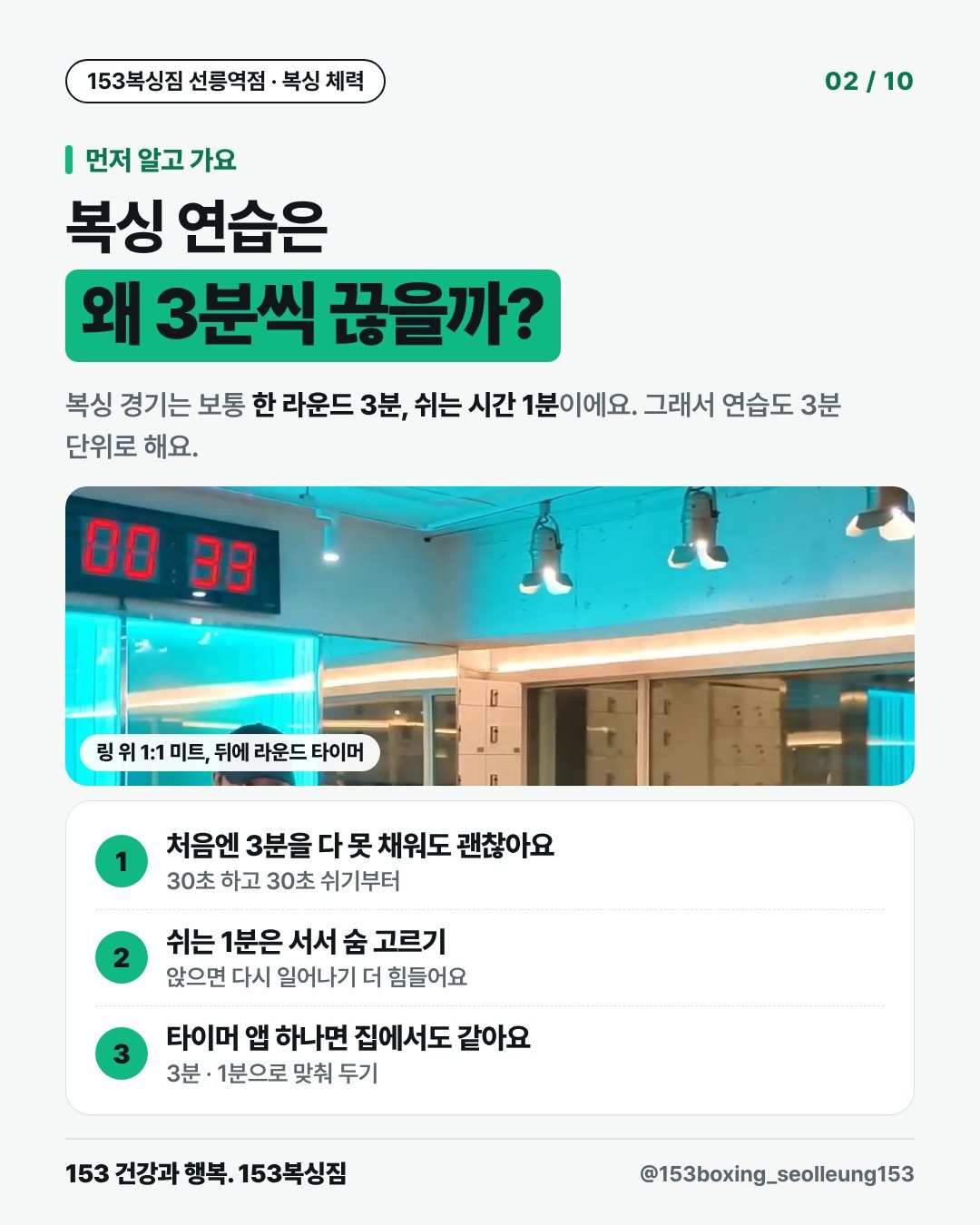 먼저 알고 가요 복싱 연습은 왜 3분씩 끊을까? 복싱 경기는 보통 한 라운드 3분, 쉬는 시간 1분이에요. 그래서 연습도 3분 단위로 해요. [사진] 링 위 1:1 미트, 뒤에 라운드 타이머 1. 처음엔 3분을 다 못 채워도 괜찮아요 30초 하고 30초 쉬기부터 2. 쉬는 1분은 서서 숨 고르기 앉으면 다시 일어나기 더 힘들어요 3. 타이머 앱 하나면 집에서도 같아요 3분 · 1분으로 맞춰 두기