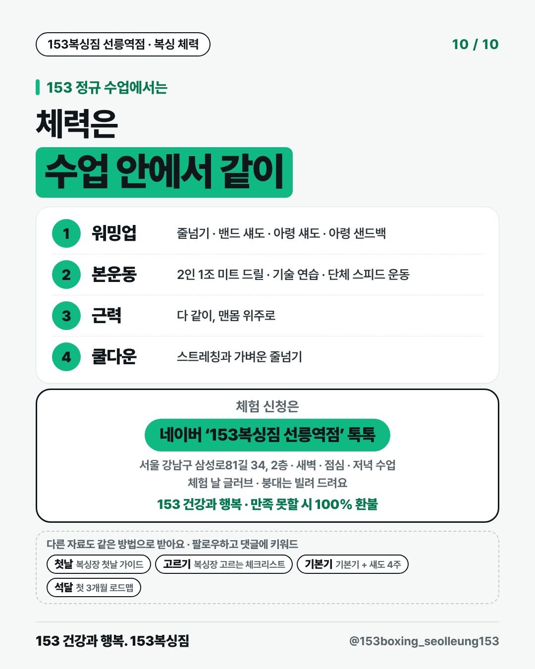 153 정규 수업에서는 체력은 수업 안에서 같이 1. 워밍업 줄넘기 · 밴드 섀도 · 아령 섀도 · 아령 샌드백 2. 본운동 2인 1조 미트 드릴 · 기술 연습 · 단체 스피드 운동 3. 근력 다 같이, 맨몸 위주로 4. 쿨다운 스트레칭과 가벼운 줄넘기 체험 신청은 네이버 ‘153복싱짐 선릉역점’ 톡톡 서울 강남구 삼성로81길 34, 2층 · 새벽 · 점심 · 저녁 수업 체험 날 글러브 · 붕대는 빌려 드려요 153 건강과 행복 · 만족 못할 시 100% 환불 다른 자료도 같은 방법으로 받아요 · 팔로우하고 댓글에 키워드 첫날복싱장 첫날 가이드 고르기복싱장 고르는 체크리스트 기본기기본기 + 섀도 4주 석달첫 3개월 로드맵